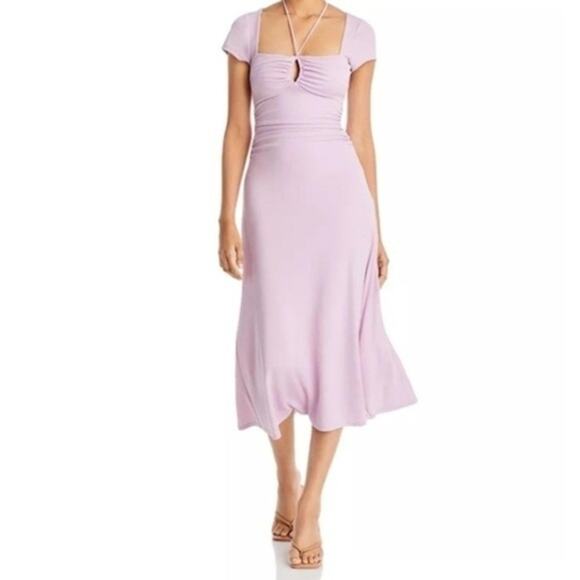 Cinq a Sept Janis Pale Iris Purple Stretch Crepe Ruched Short Sleeve Midi Dress - Picture 1 of 7